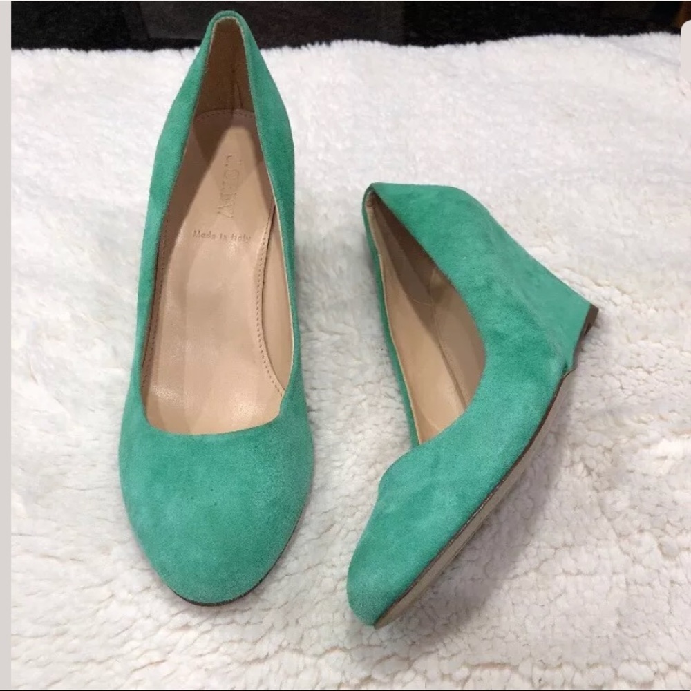 J.CREW MARTINA AQUA GREEN SUEDE HEELS WEDGES